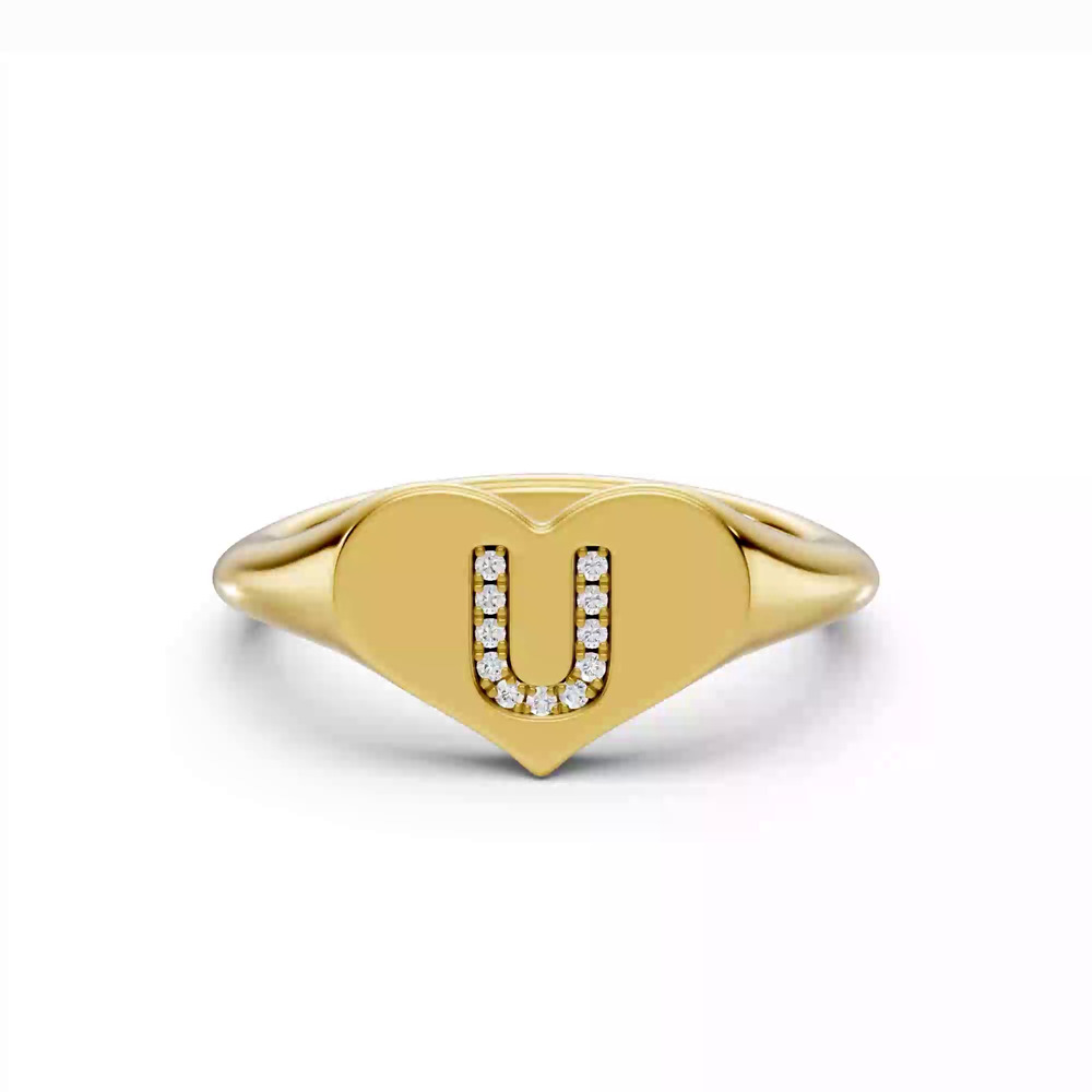360 degree view of Heart Pavé Lab Diamond Initial Signet Ring - U