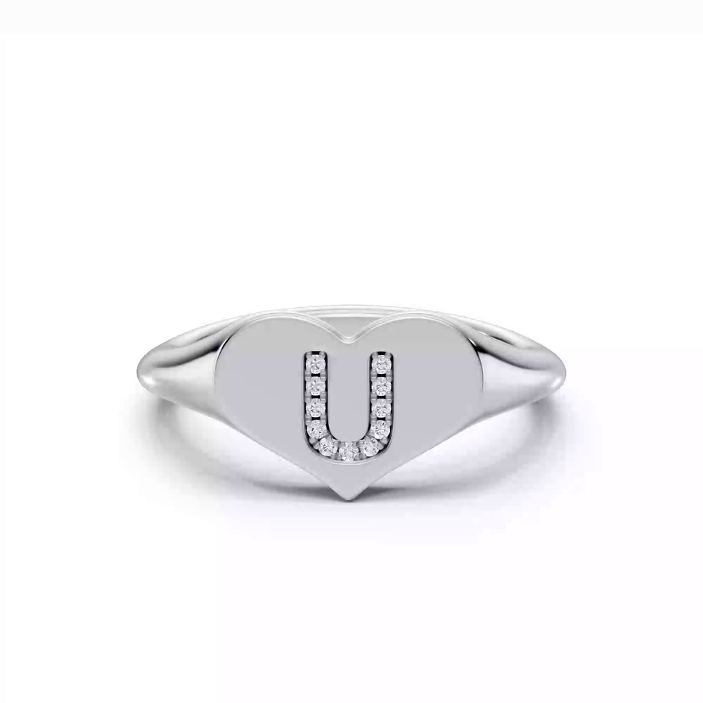360 degree view of Heart Pavé Diamond Initial Signet Ring - U