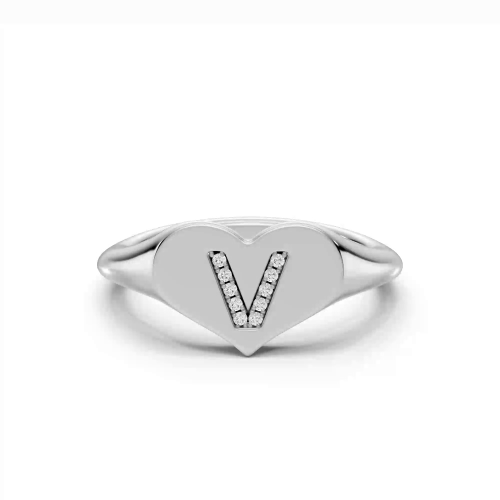 360 degree view of Heart Pavé Lab Diamond Initial Signet Ring - V