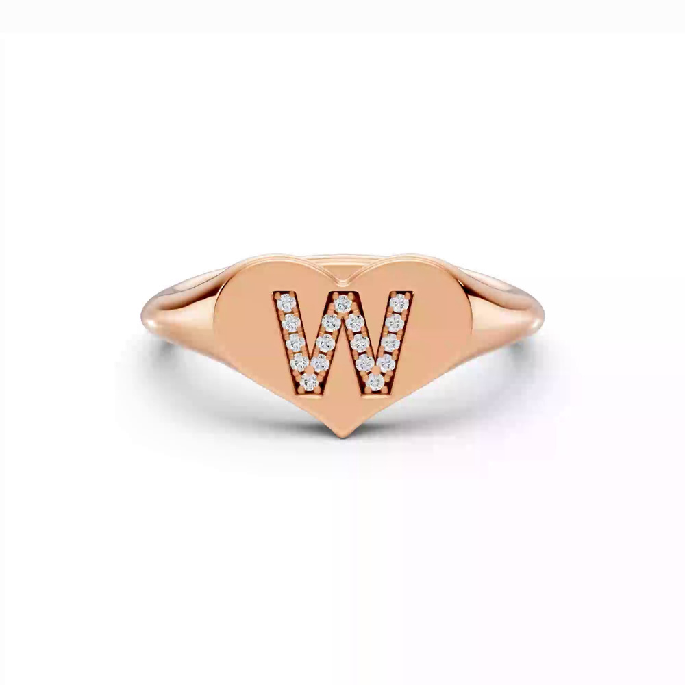 360 degree view of Heart Pavé Lab Diamond Initial Signet Ring - W