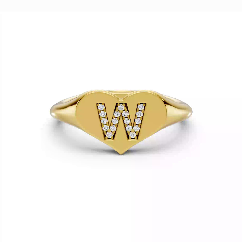 360 degree view of Heart Pavé Lab Diamond Initial Signet Ring - W