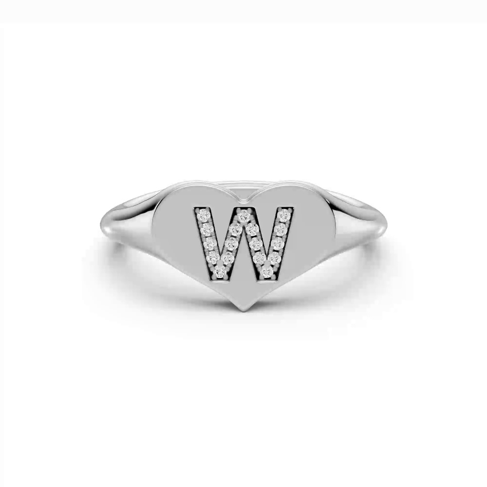 360 degree view of Heart Pavé Diamond Initial Signet Ring - W