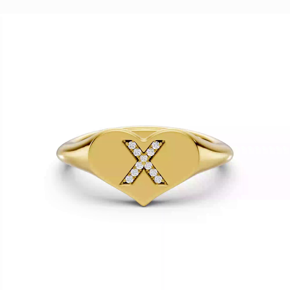 360 degree view of Heart Pavé Lab Diamond Initial Signet Ring - X