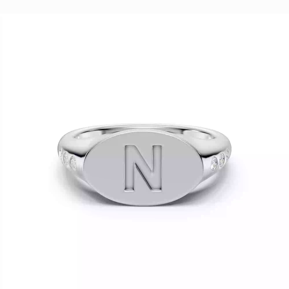360 degree view of Initial Signet Lab Diamond Accent Silver Ring - N
