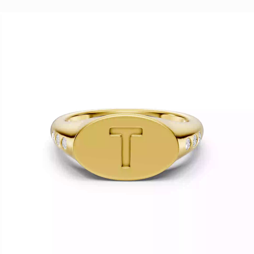 360 degree view of Initial Signet Diamond Accent Ring - T