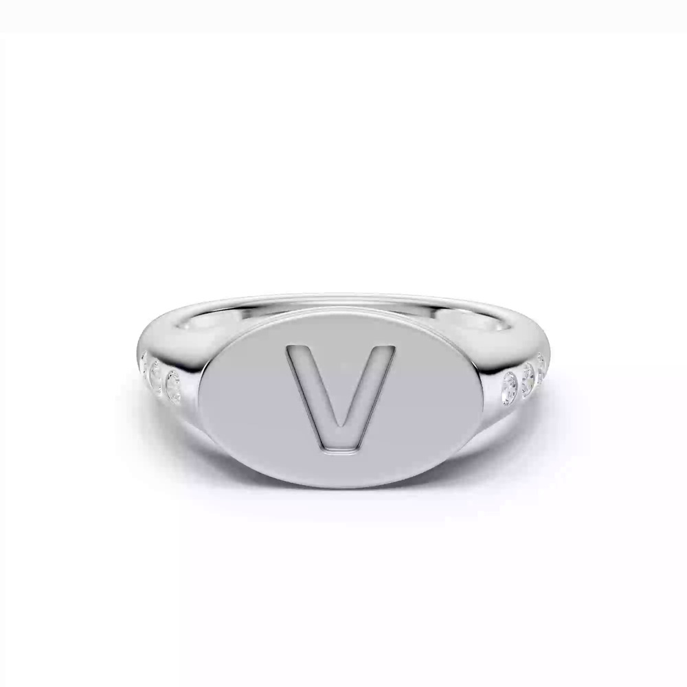 360 degree view of Initial Signet Lab Diamond Accent Silver Ring - V
