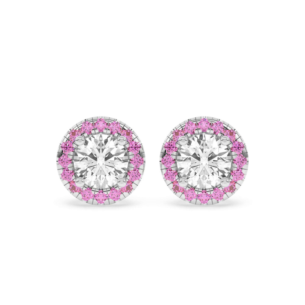 360 degree view of Eva Classic Pink Sapphire Halo Earrings