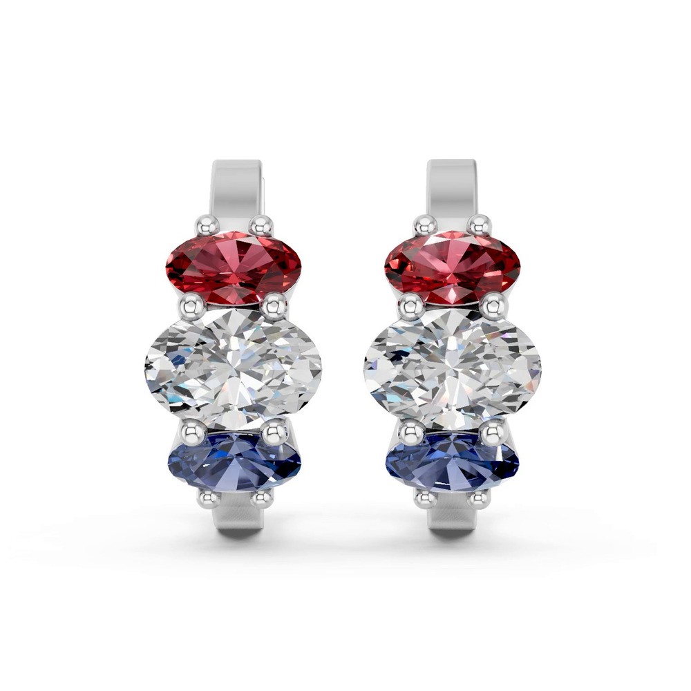 360 degree view of Patriotic Three-Stone Lab Diamond Oval Hoop Earrings