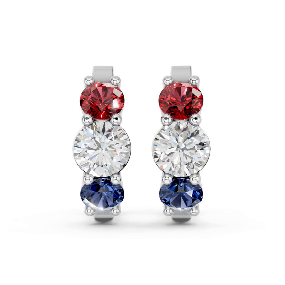 360 degree view of Patriotic Three-Stone Lab Diamond Hoop Earrings