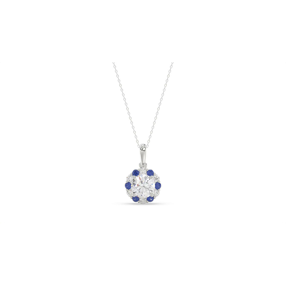 360 degree view of Lab Sapphire & Lab Diamond Halo Pendant