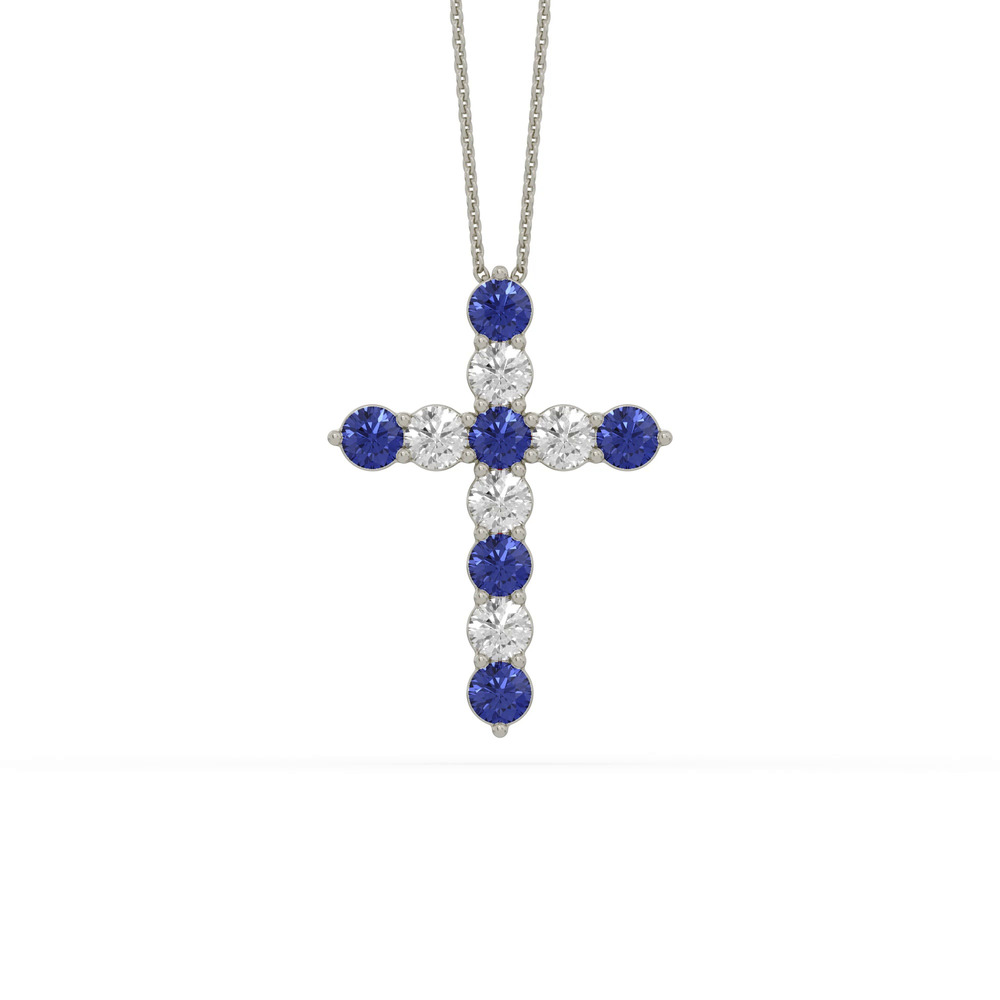 360 degree view of Cross Lab Sapphire & Lab Diamond Silver Necklace (1.00 ct. tw.)