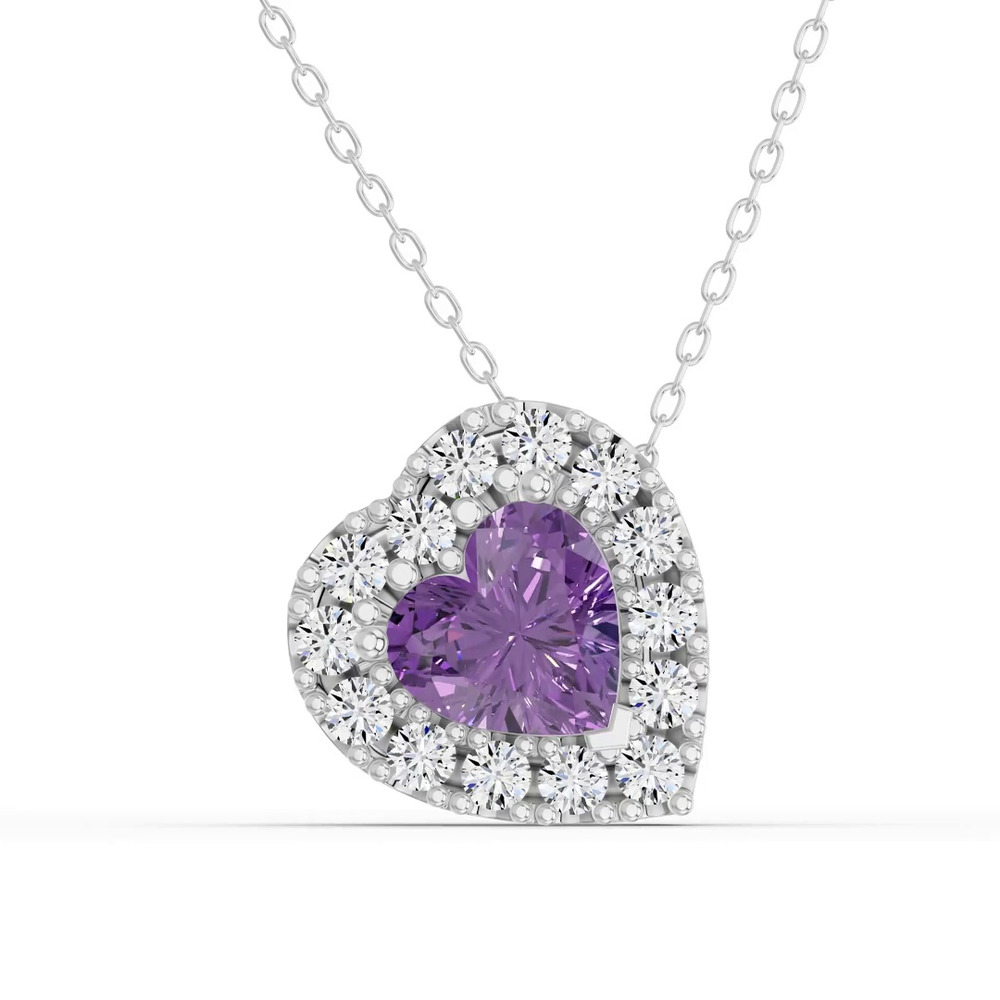 360 degree view of Amethyst & White Topaz Heart Halo Necklace