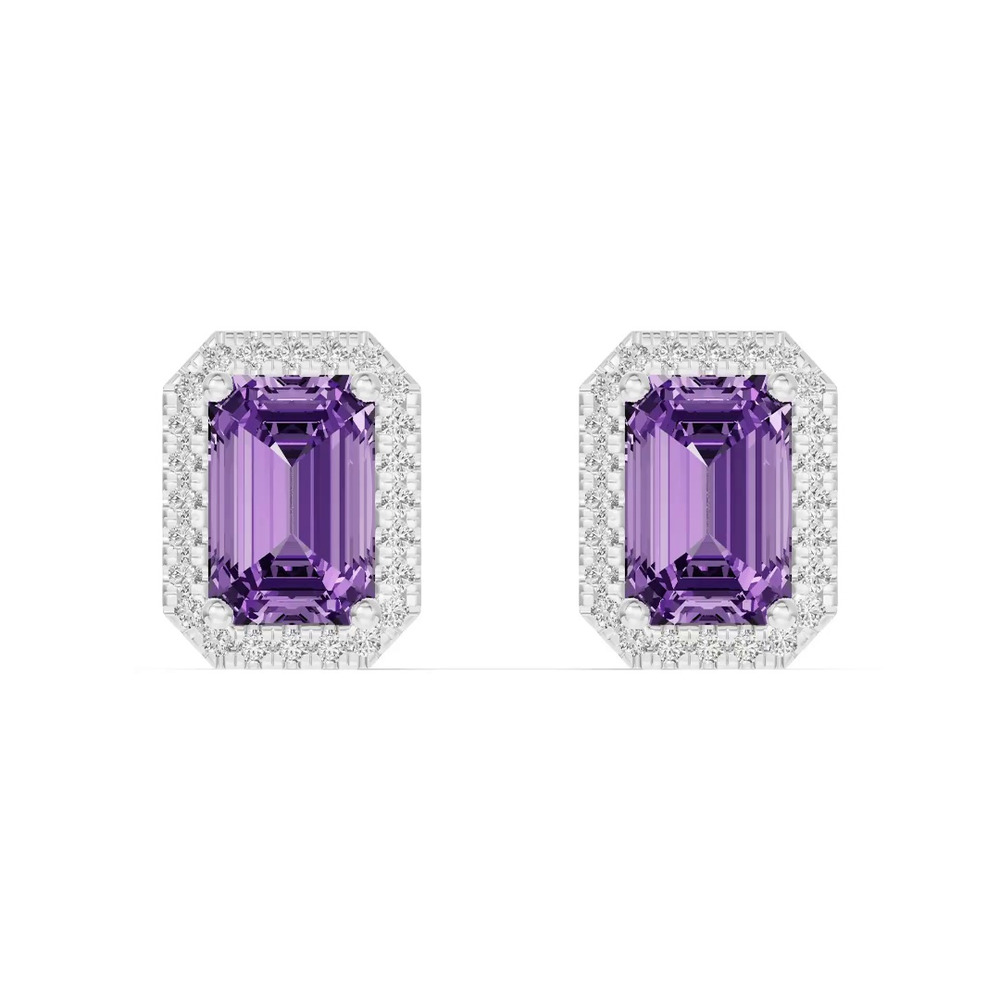 360 degree view of Halo Emerald-Cut Amethyst Silver Earrings