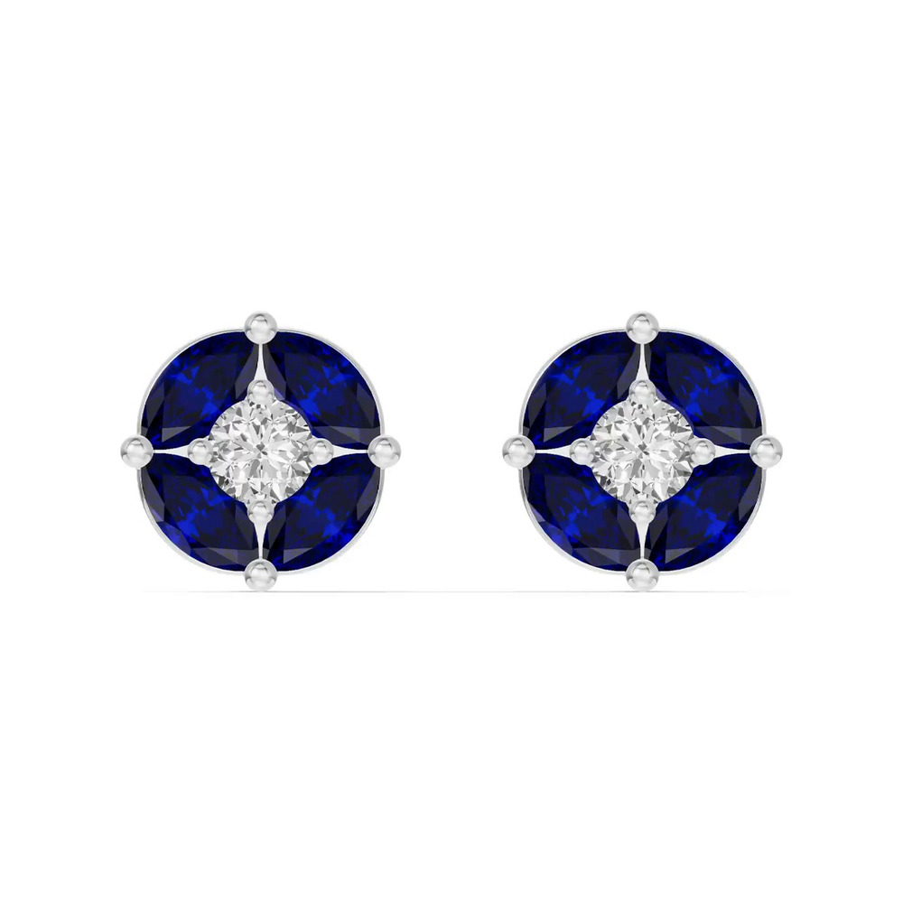 360 degree view of Blue Sapphire Floral Lab Diamond Silver Earrings