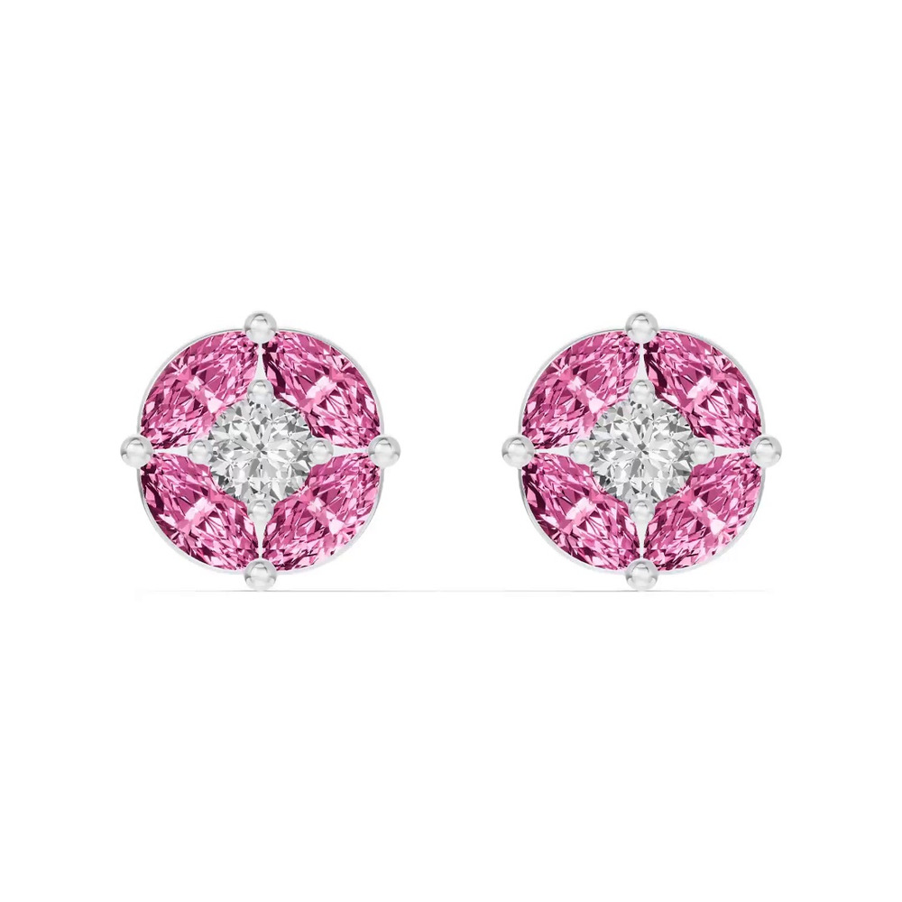 360 degree view of Pink Sapphire Floral Lab Diamond Silver Earrings