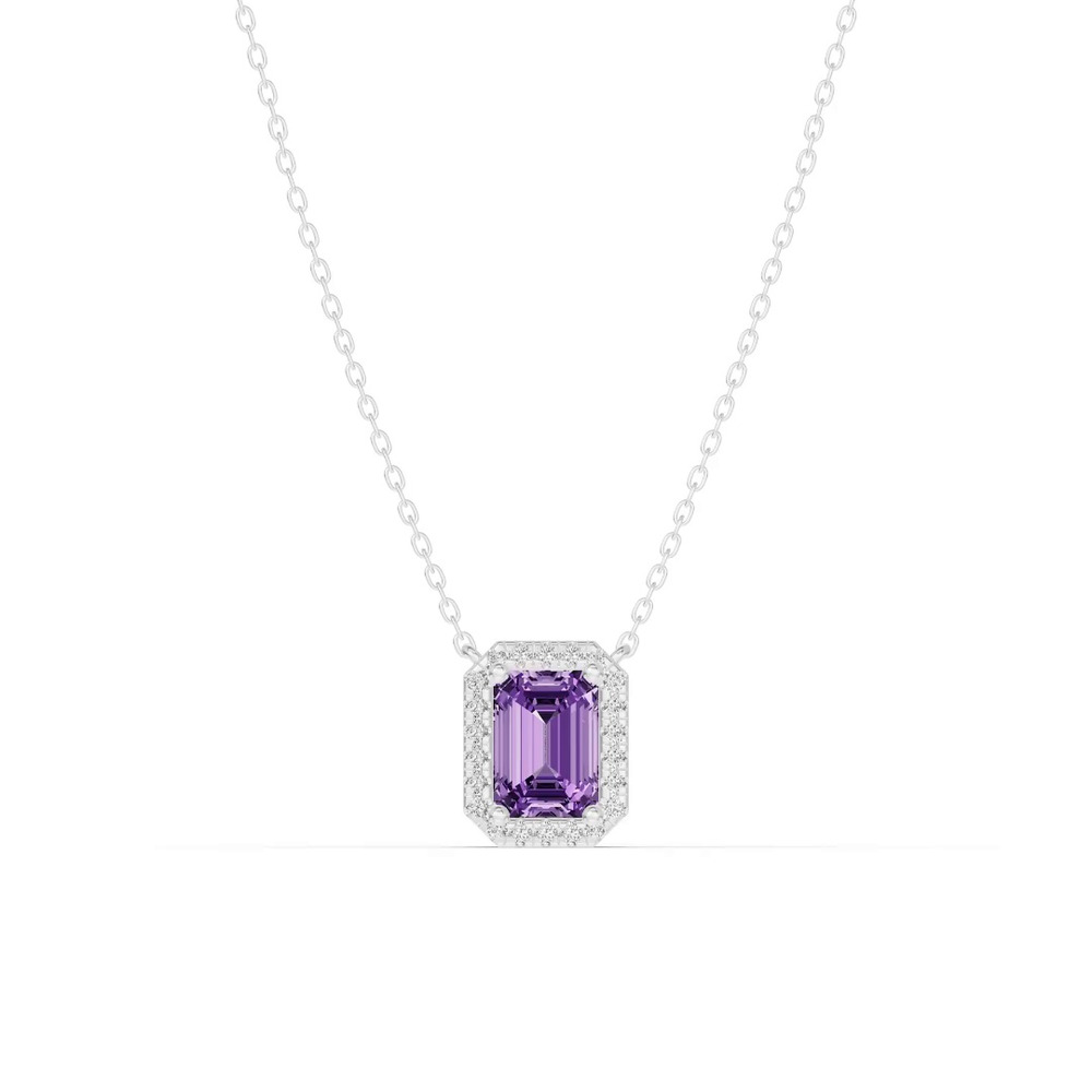 360 degree view of Halo Emerald-Cut Amethyst Silver Necklace