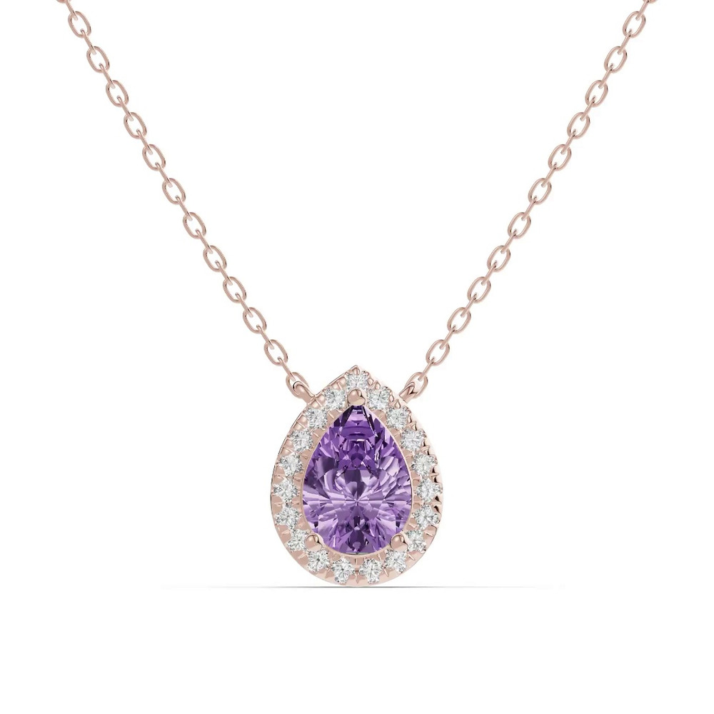 360 degree view of Pear Amethyst Lab Diamond Halo Pendant