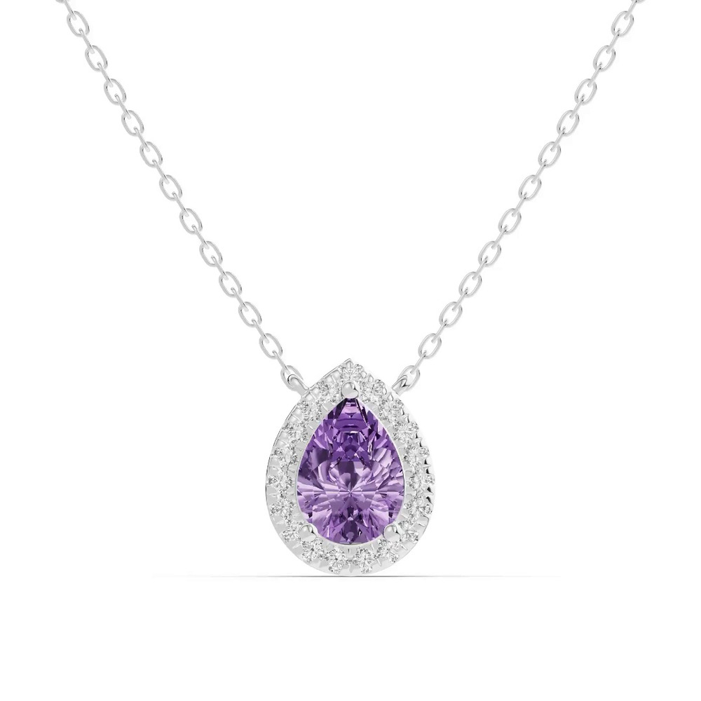 360 degree view of Pear Amethyst Lab Diamond Halo Pendant