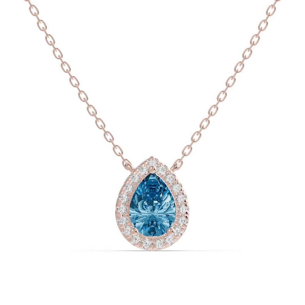 360 degree view of Pear Blue Topaz Lab Diamond Halo Pendant