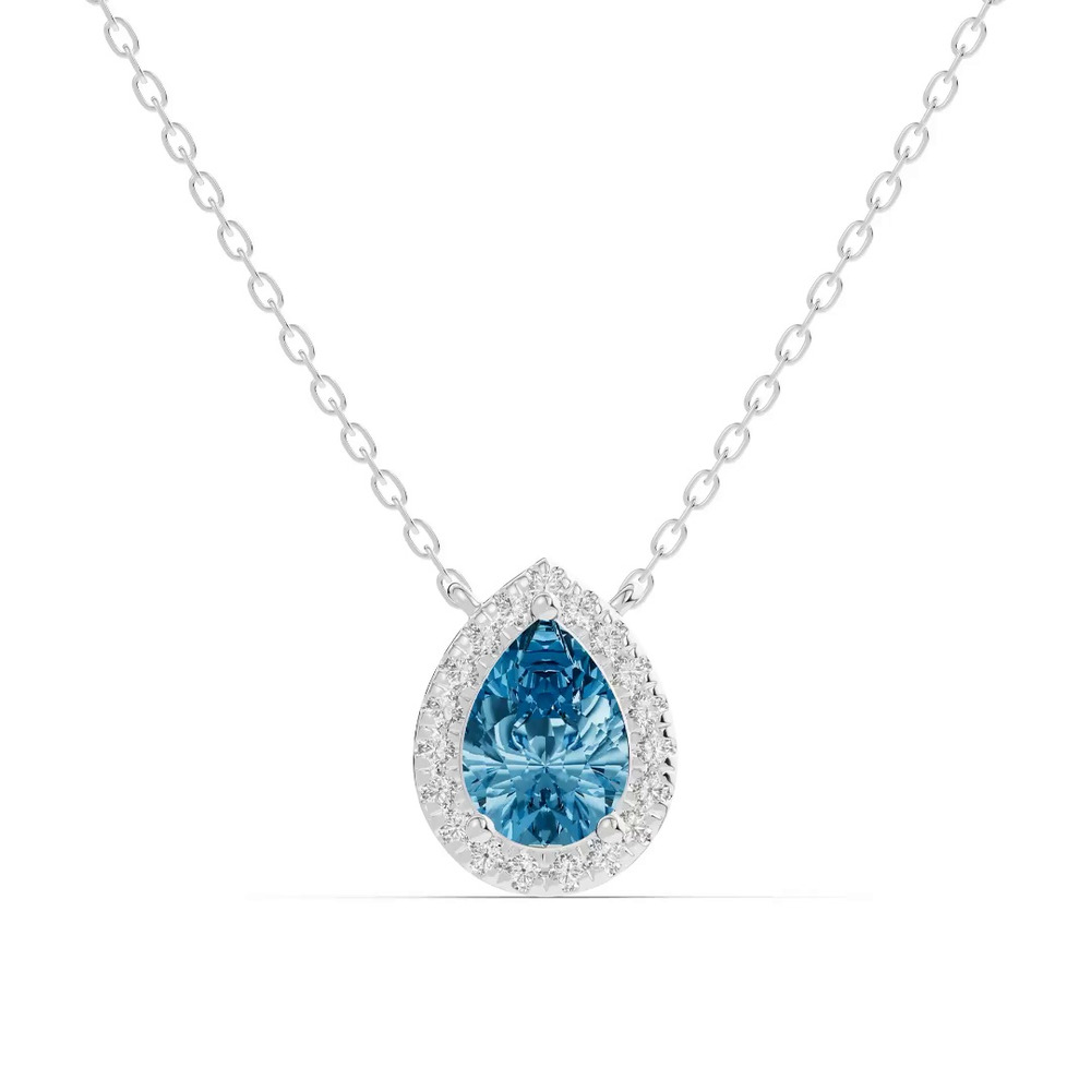360 degree view of Pear Blue Topaz Lab Diamond Halo Pendant