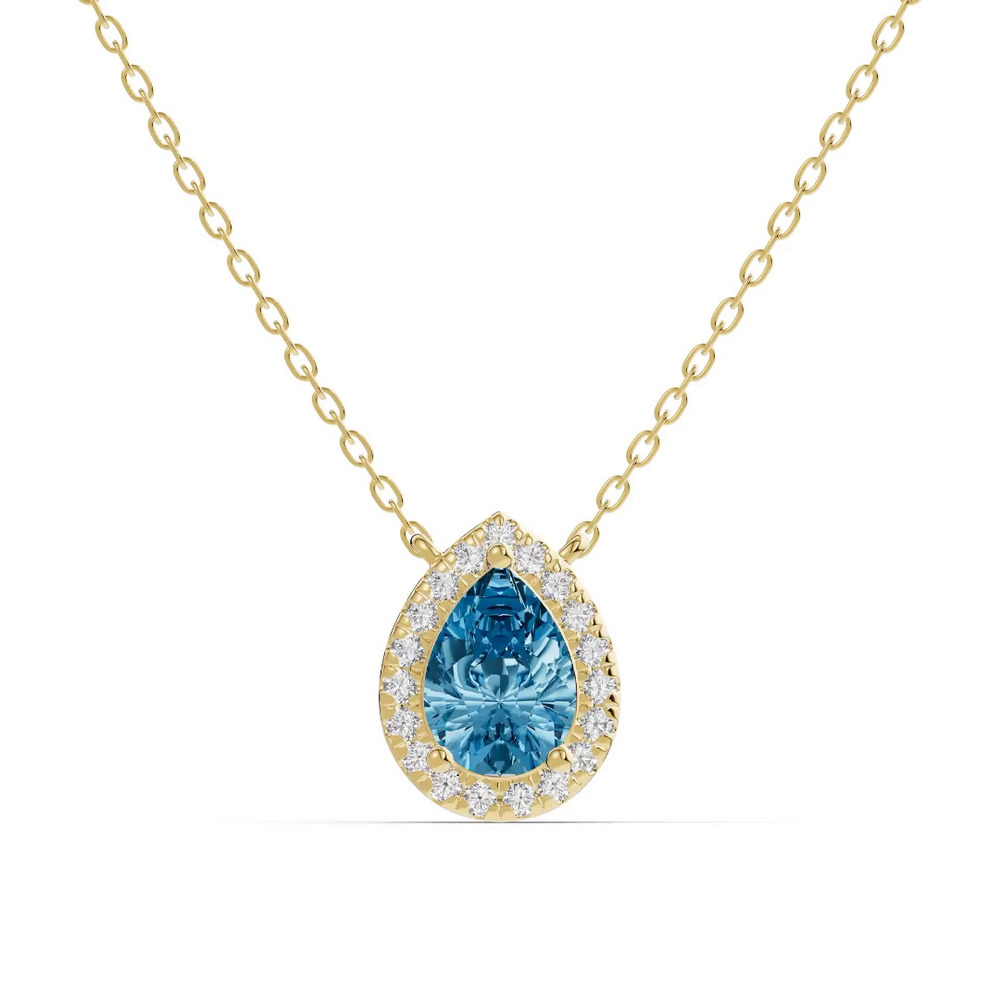 360 degree view of Pear Blue Topaz Lab Diamond Halo Pendant