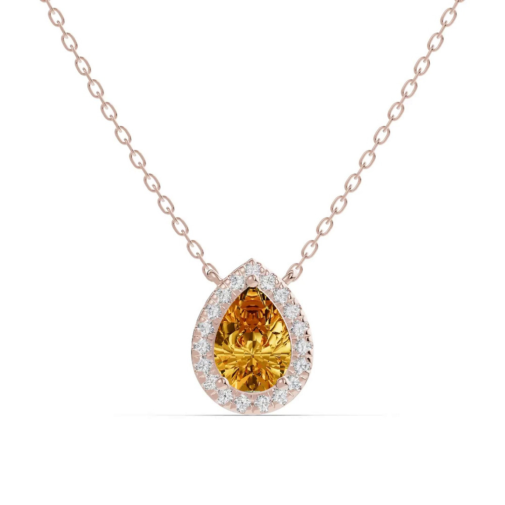 360 degree view of Pear Citrine Lab Diamond Halo Pendant