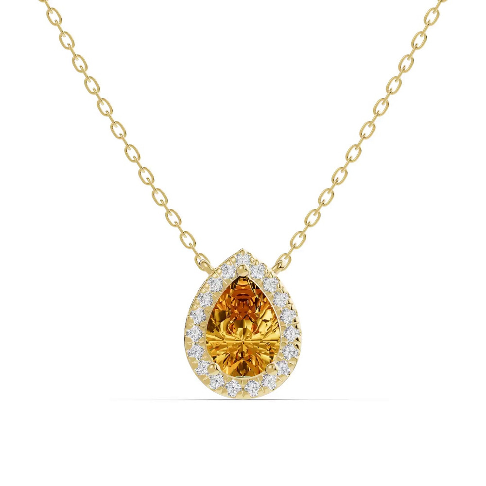 360 degree view of Pear Citrine Lab Diamond Halo Pendant