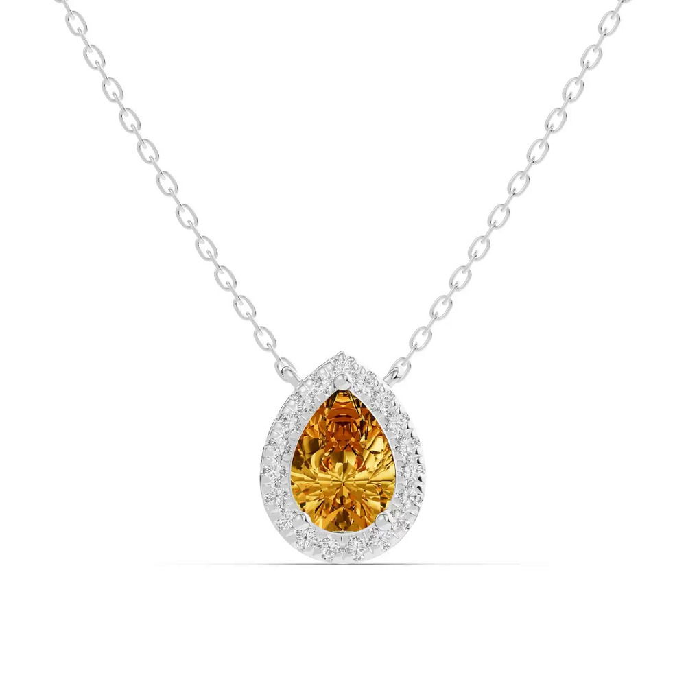 360 degree view of Pear Citrine Lab Diamond Halo Pendant