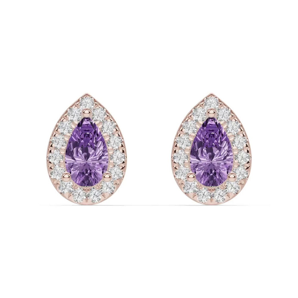 360 degree view of Pear Amethyst Lab Diamond Halo Earrings