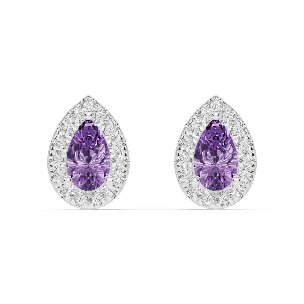 360 degree view of Pear Amethyst Lab Diamond Halo Earrings