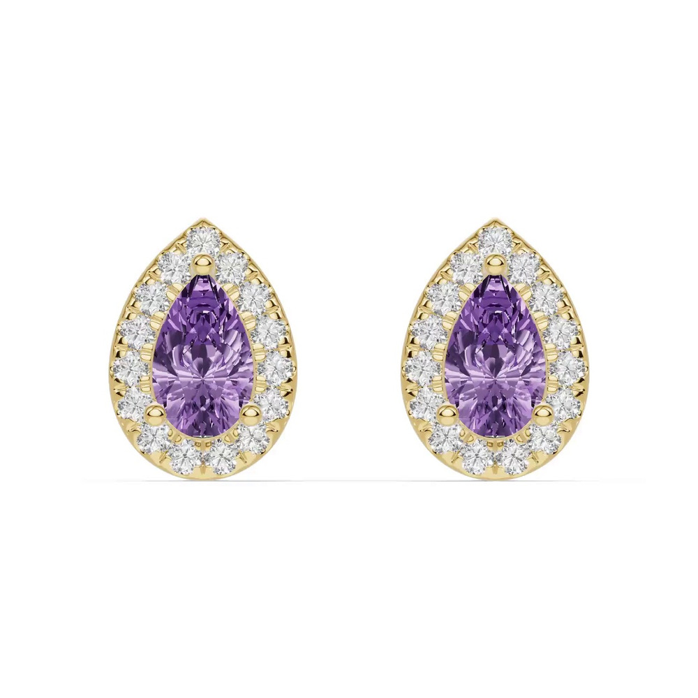 360 degree view of Pear Amethyst Lab Diamond Halo Earrings