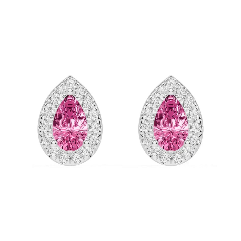 360 degree view of Pear Pink Tourmaline Lab Diamond Halo Earrings