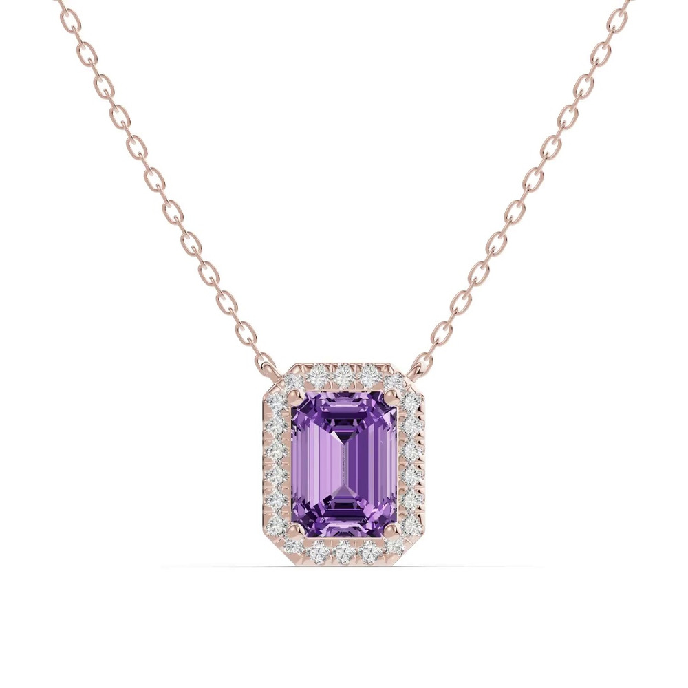 360 degree view of Emerald Amethyst Lab Diamond Halo Pendant