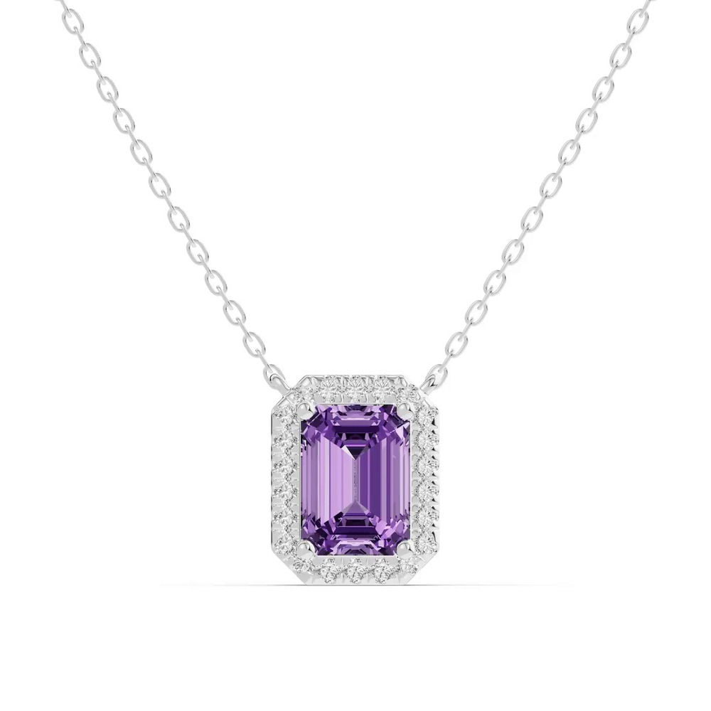 360 degree view of Emerald Amethyst Lab Diamond Halo Pendant