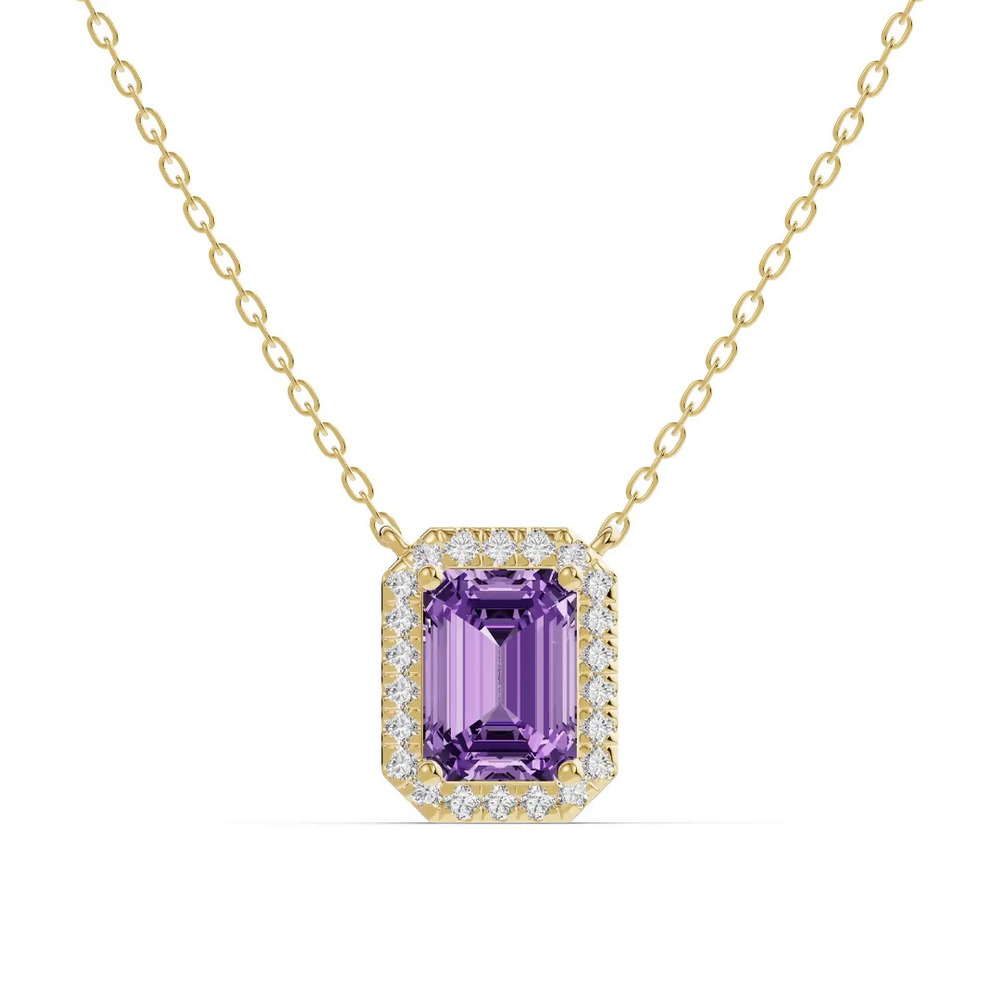 360 degree view of Emerald Amethyst Lab Diamond Halo Pendant