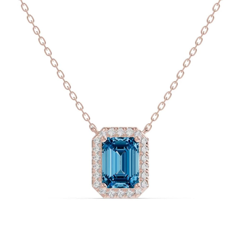 360 degree view of Emerald Blue Topaz Lab Diamond Halo Pendant