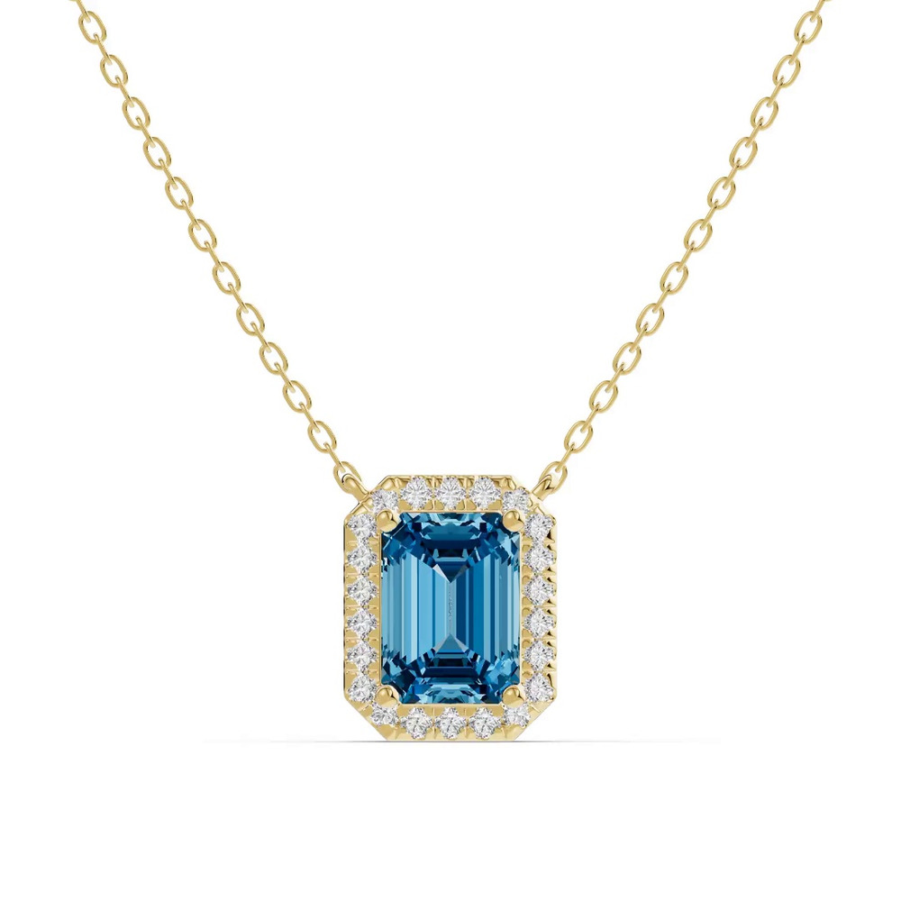 360 degree view of Emerald Blue Topaz Lab Diamond Halo Pendant