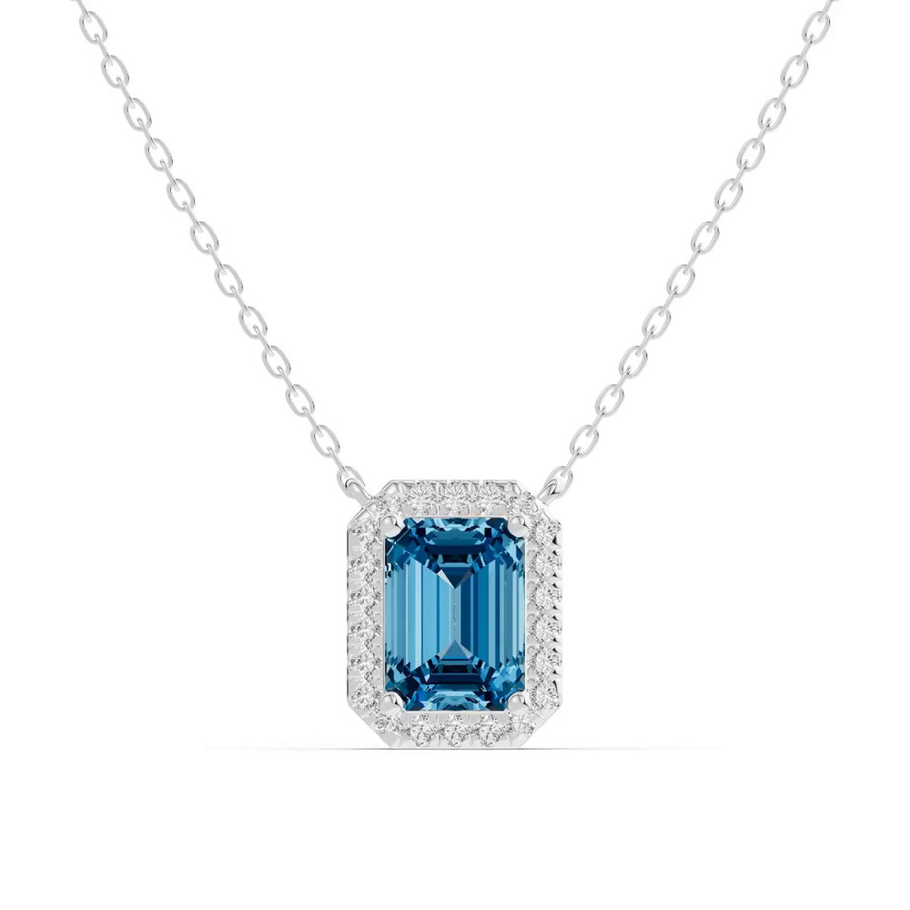 360 degree view of Emerald Blue Topaz Lab Diamond Halo Pendant