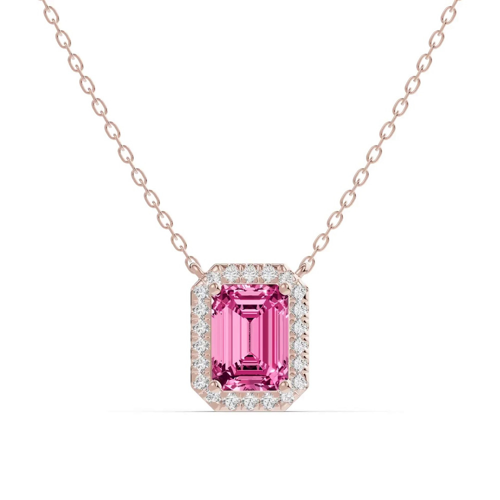 360 degree view of Emerald Pink Tourmaline Lab Diamond Halo Pendant