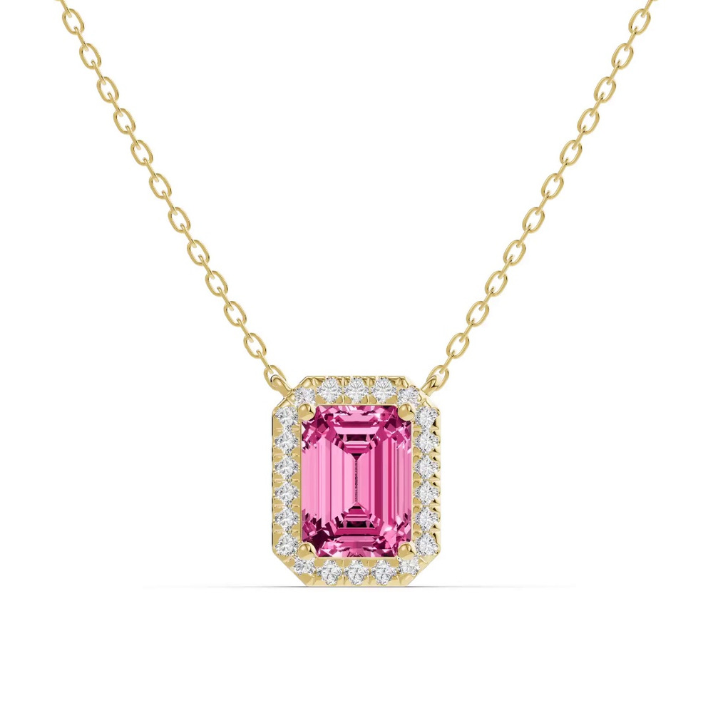360 degree view of Emerald Pink Tourmaline Lab Diamond Halo Pendant
