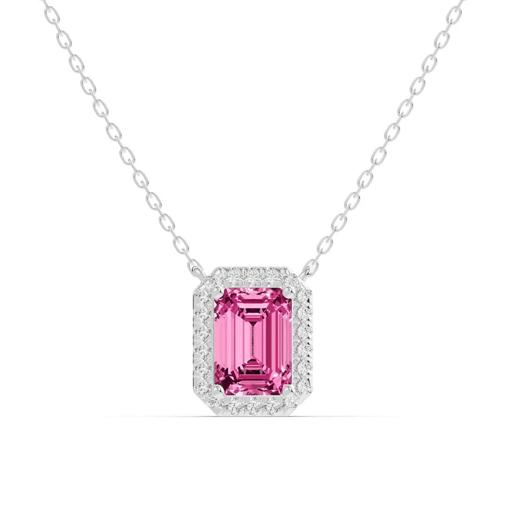 360 degree view of Emerald Pink Tourmaline Lab Diamond Halo Pendant