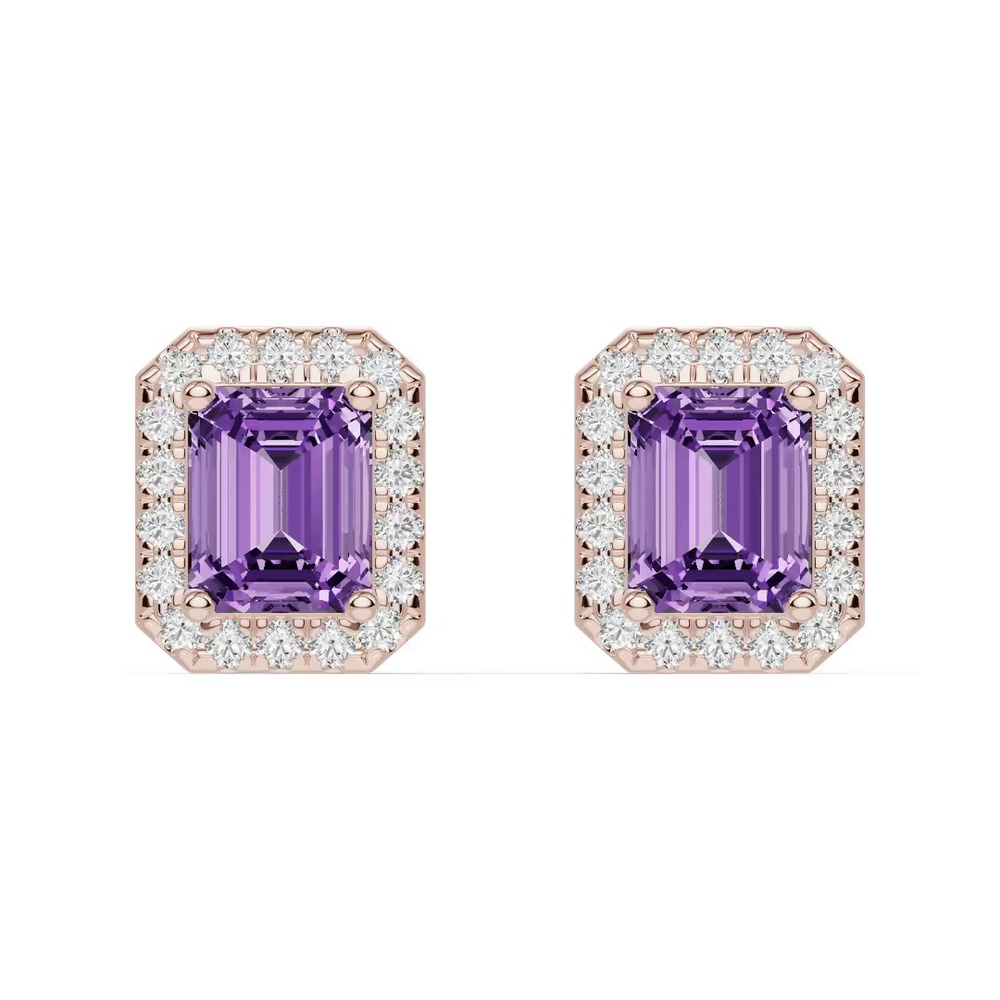 360 degree view of Emerald Amethyst Lab Diamond Halo Earrings