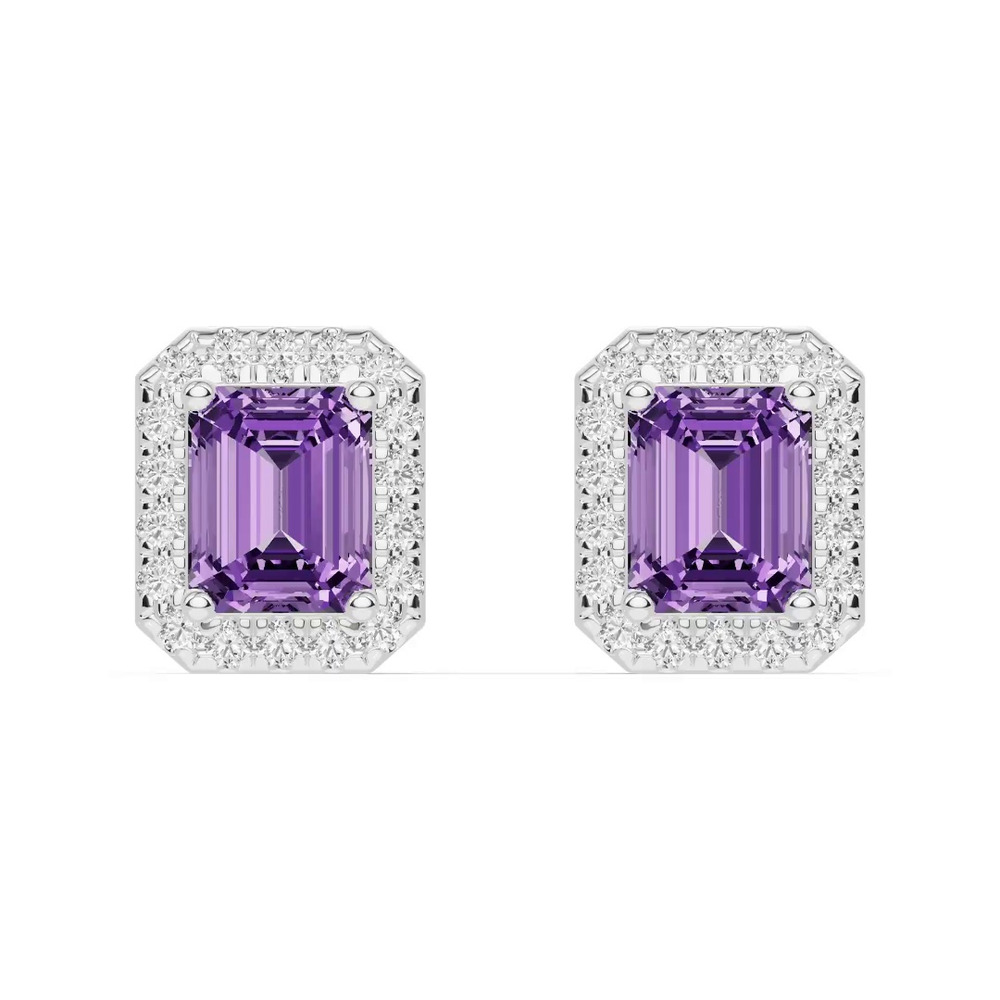 360 degree view of Emerald Amethyst Lab Diamond Halo Earrings