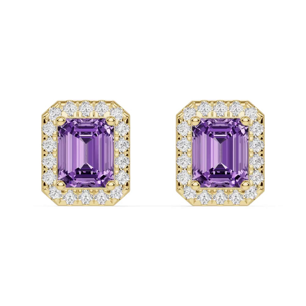360 degree view of Emerald Amethyst Lab Diamond Halo Earrings