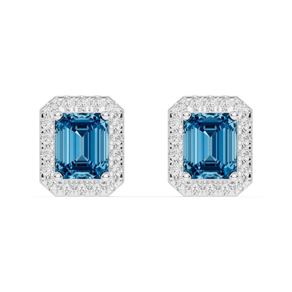 360 degree view of Emerald Blue Topaz Lab Diamond Halo Earrings