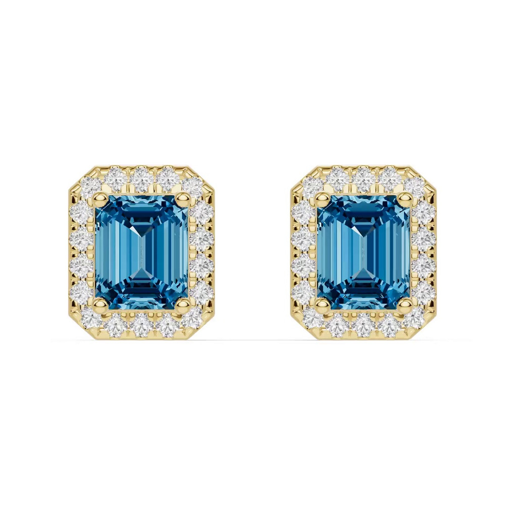 360 degree view of Emerald Blue Topaz Lab Diamond Halo Earrings