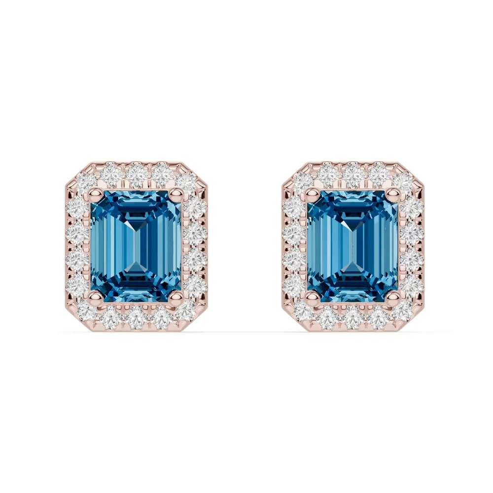 360 degree view of Emerald Blue Topaz Lab Diamond Halo Earrings