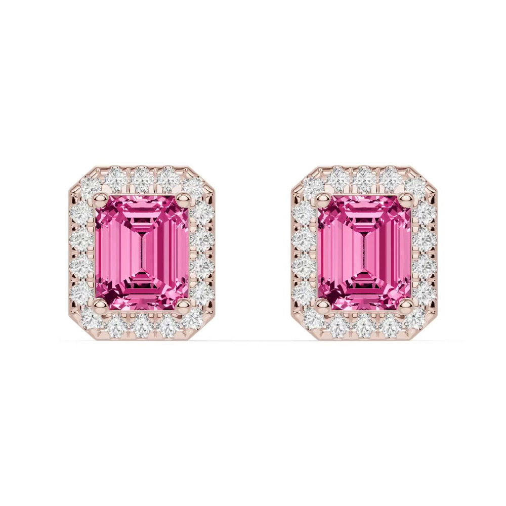 360 degree view of Emerald Pink Tourmaline Lab Diamond Halo Earrings