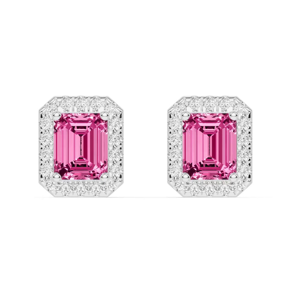 360 degree view of Emerald Pink Tourmaline Lab Diamond Halo Earrings