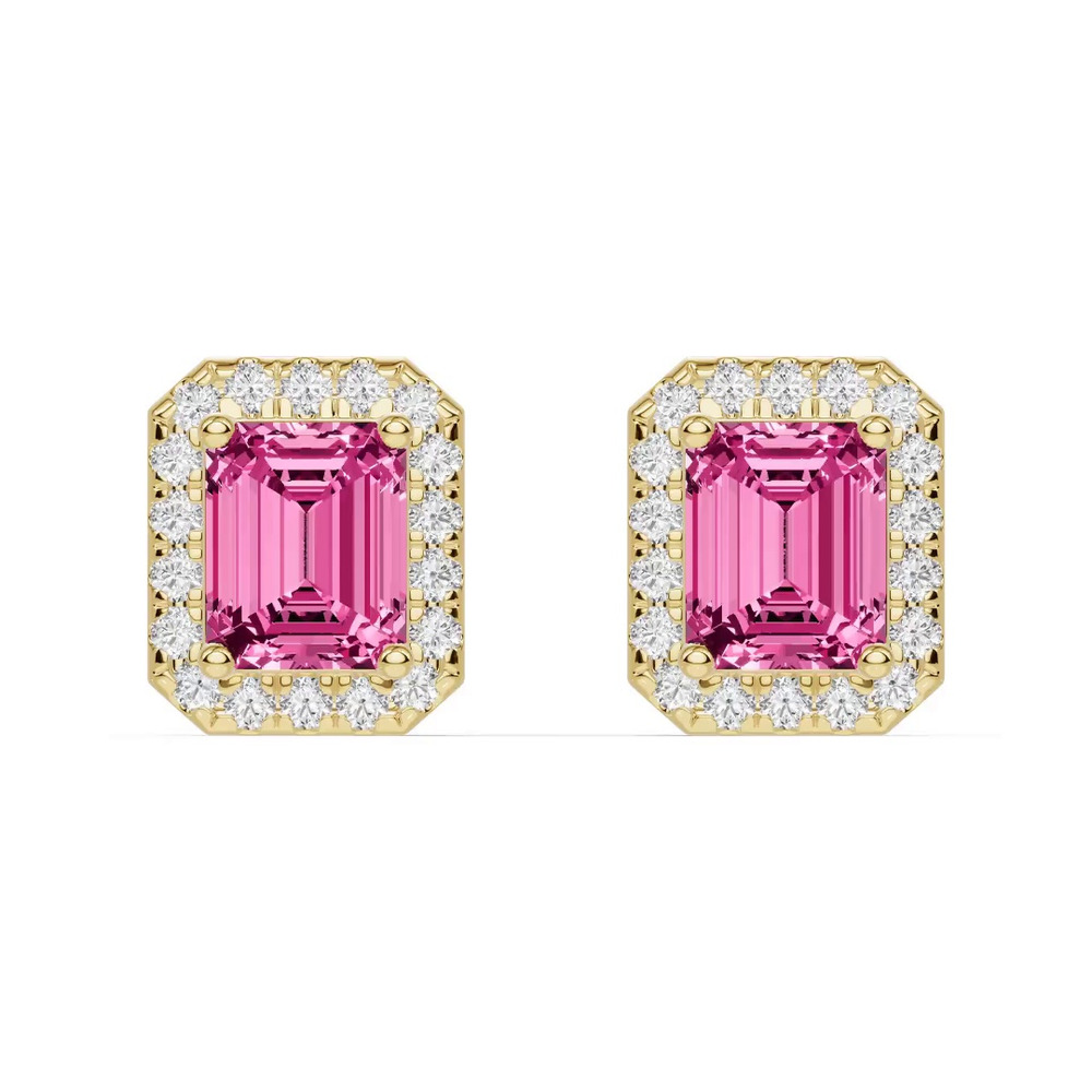 360 degree view of Emerald Pink Tourmaline Lab Diamond Halo Earrings